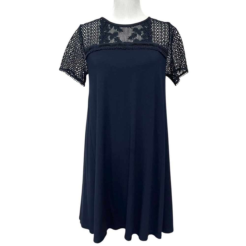 Ann Taylor Loft Dress Womens Small Navy Blue Swing Lace Shoulders & Sleeves